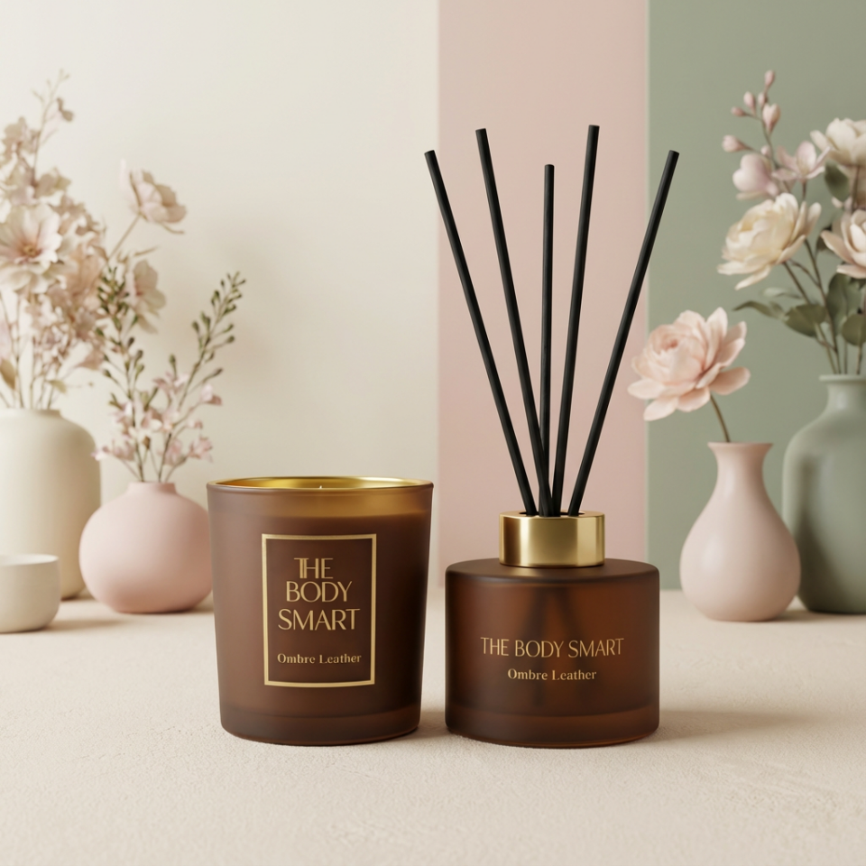 2li Çubuklu Oda Kokusu ve Mum Seti Gold Collection Ombre Leather Hediyelik Setler