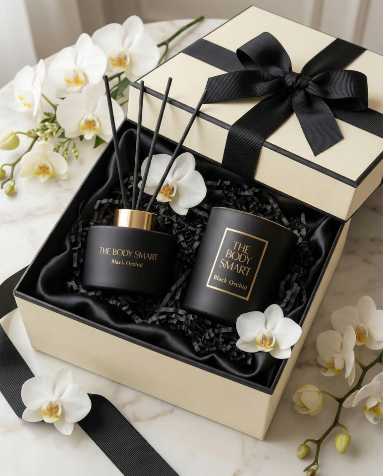 2li Çubuklu Oda Kokusu ve Mum Seti Gold Collection Black Orchid Hediyelik Setler